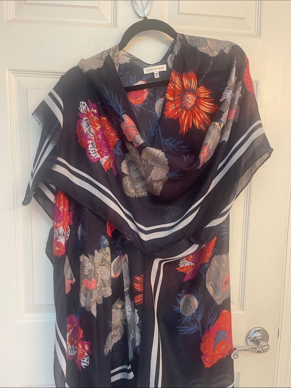 Navy Blue Floral light flowy Kimono with Fuchsia Orange & Gray Blooms NWOT - Picture 7 of 7